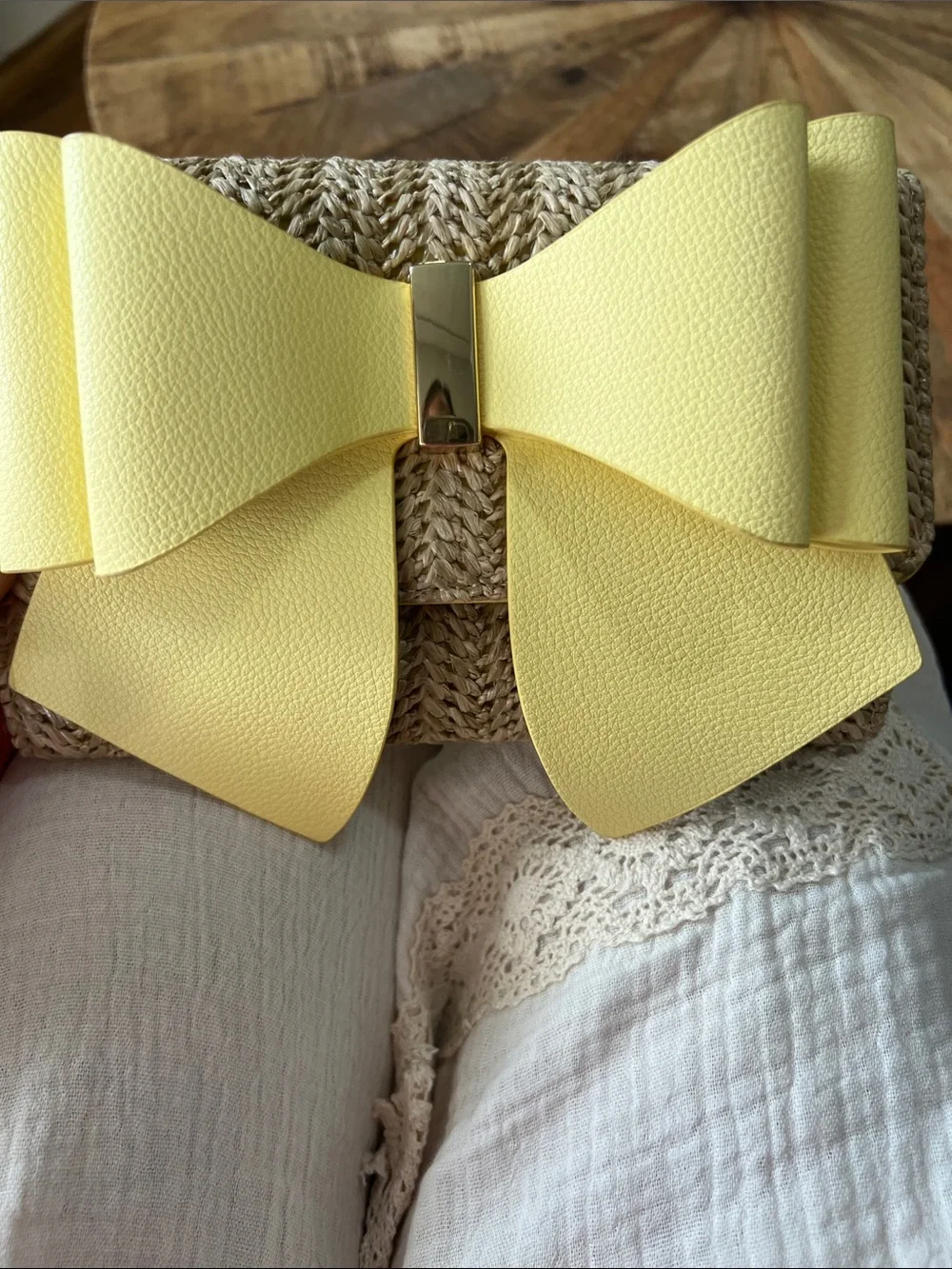Yellow Bow Straw Crossbody Bag with Chain Strap
